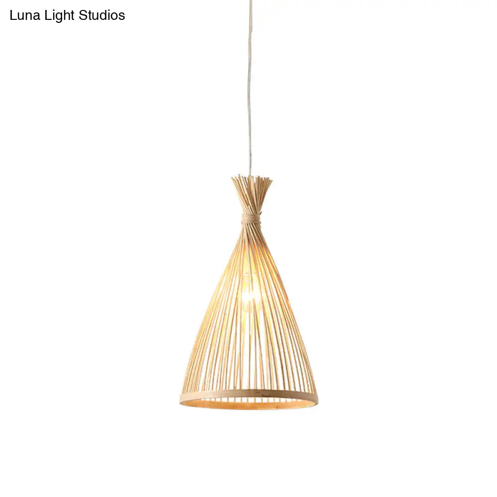 Japanese Style Funnel Pendant Light - Wood 1 Head 8/10/12 Wide Beige/Coffee Ceiling Hang Lamp