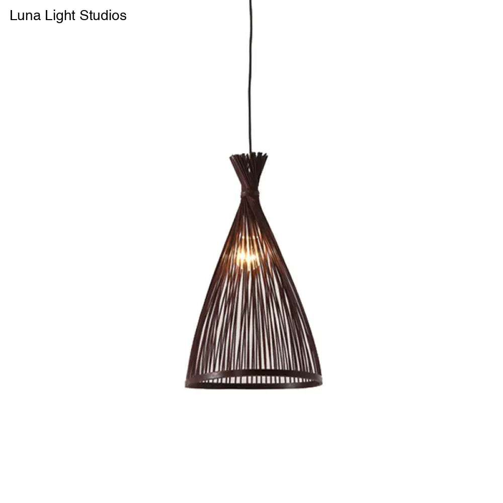 Japanese Style Funnel Pendant Light - Wood 1 Head 8/10/12 Wide Beige/Coffee Ceiling Hang Lamp