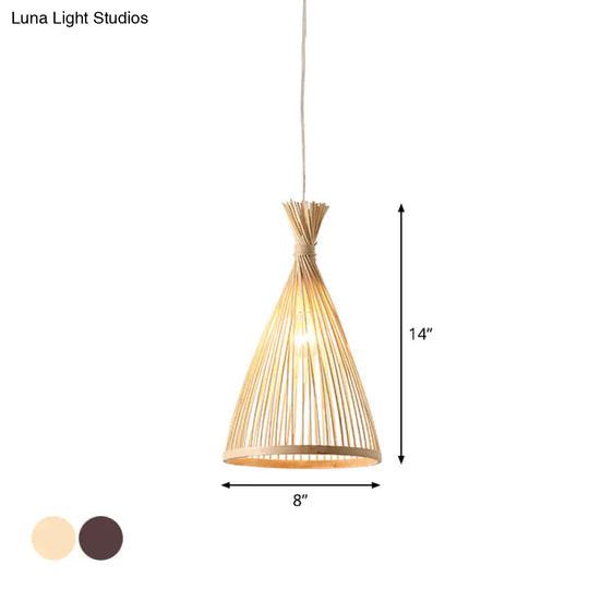 Japanese Style Funnel Pendant Light - Wood 1 Head 8/10/12 Wide Beige/Coffee Ceiling Hang Lamp