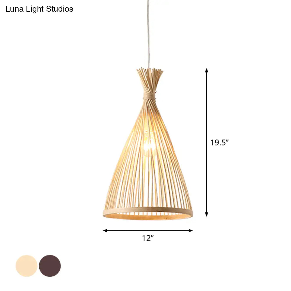 Japanese Style Wood Funnel Pendant Light - 1 Head 8’/10’/12’ Wide Ceiling Hang Lamp In Beige/Coffee