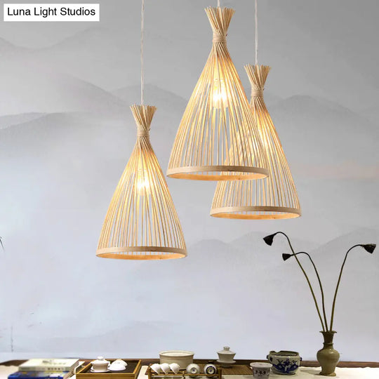 Japanese Style Funnel Pendant Light - Wood 1 Head 8/10/12 Wide Beige/Coffee Ceiling Hang Lamp Beige