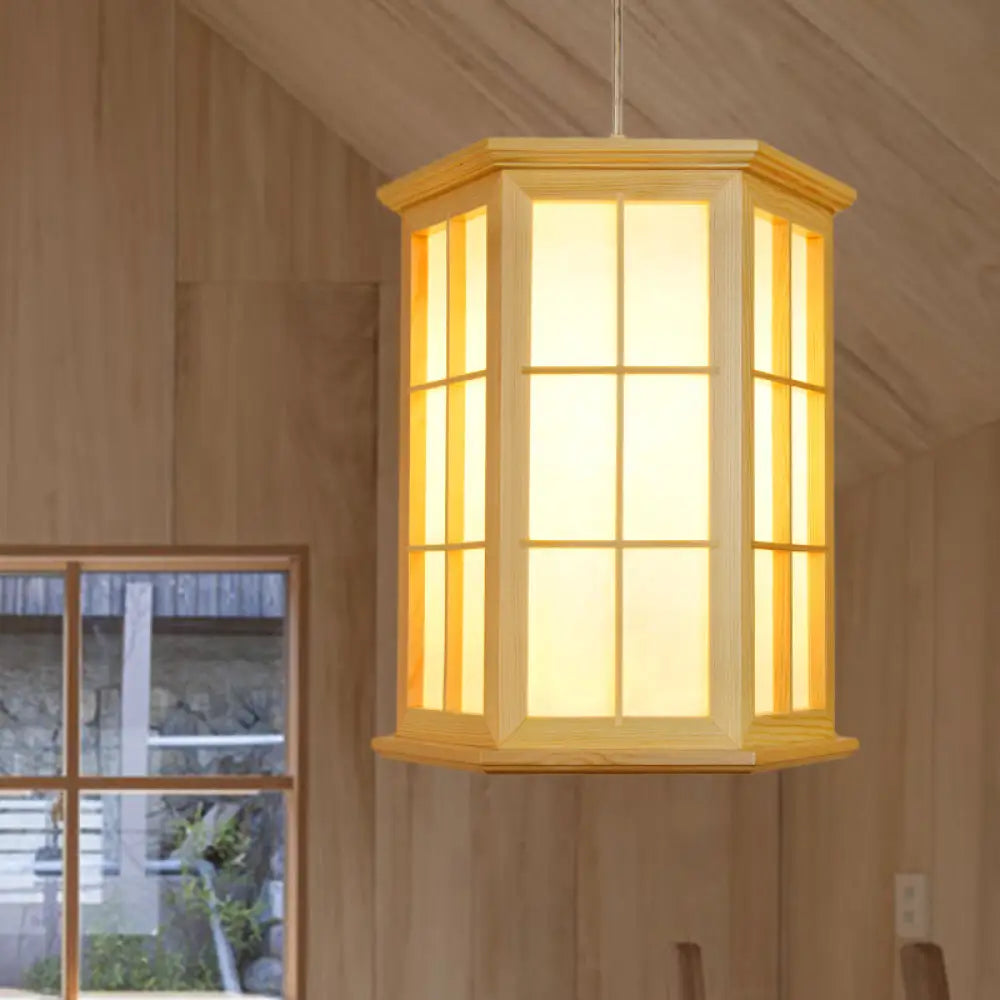 Japanese Style Wood Hexagon Pendulum Light In Beige Tea Room Hanging Ceiling Lamp