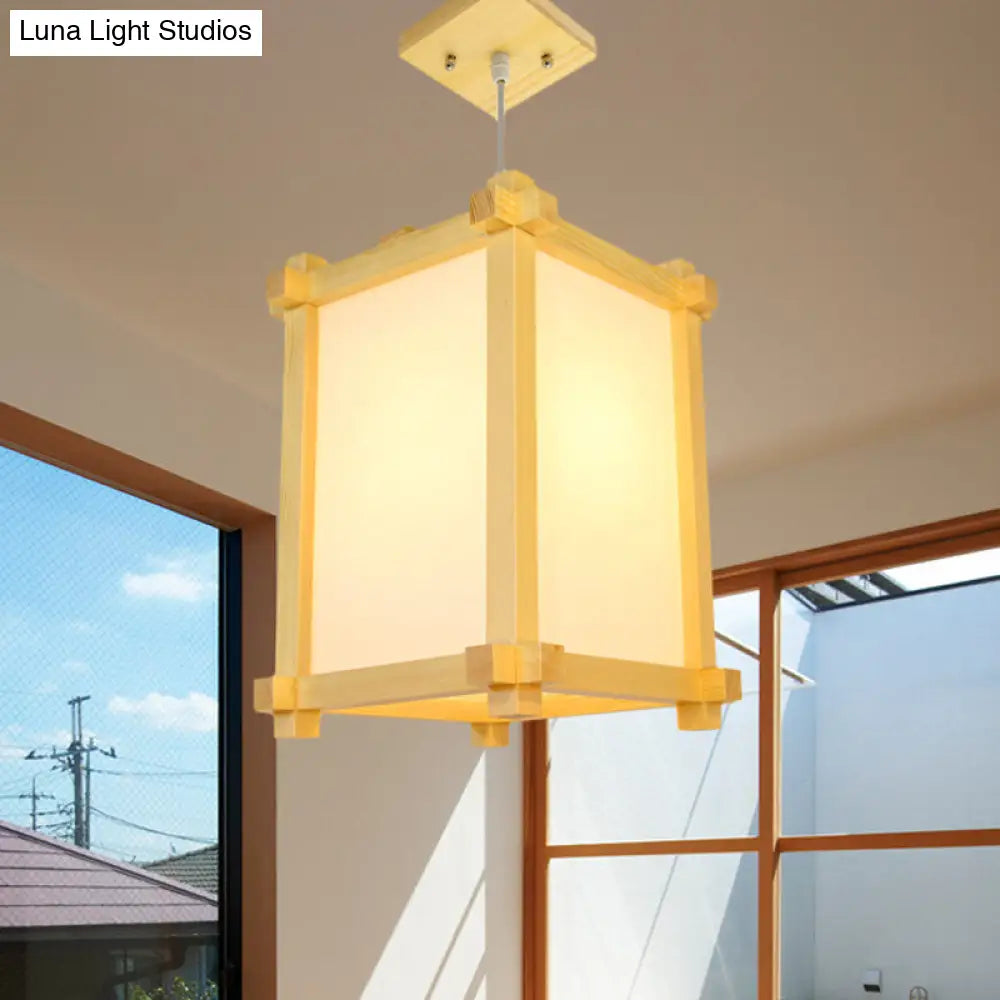 Pendant Light Fixture - Japanese-Style Wood 1-Bulb Box Shape Hanging Lamp Beige Color Ideal For