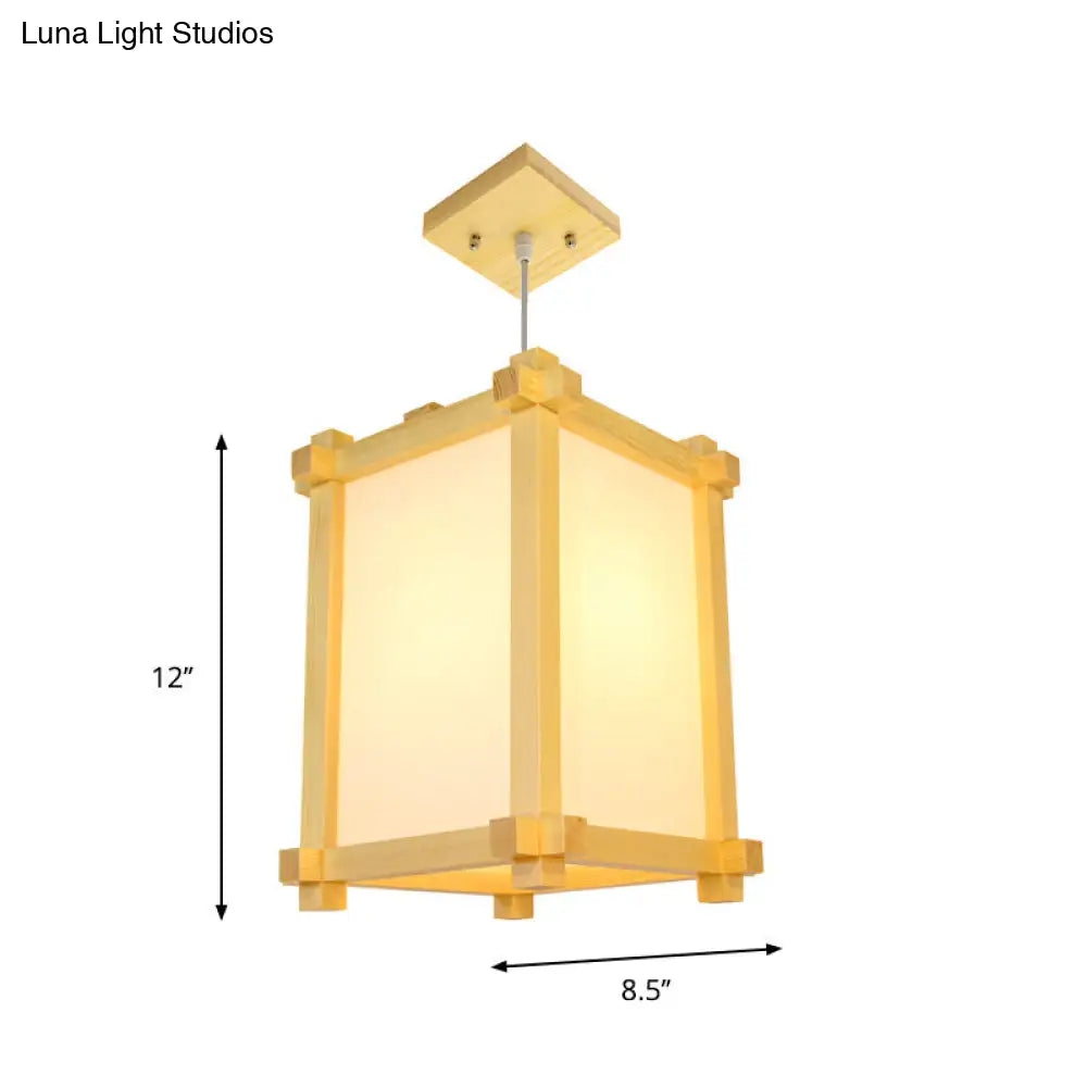 Pendant Light Fixture - Japanese-Style Wood 1-Bulb Box Shape Hanging Lamp Beige Color Ideal For