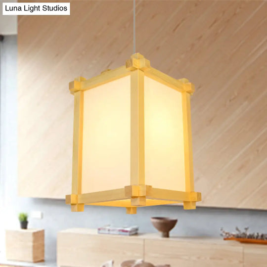 Pendant Light Fixture - Japanese-Style Wood 1-Bulb Box Shape Hanging Lamp Beige Color Ideal For