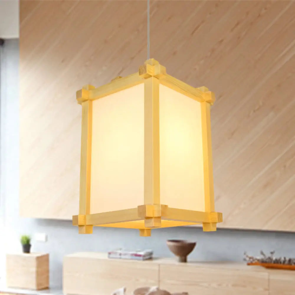 Japanese-Style Wood Pendant Light Fixture - Box Shape Beige