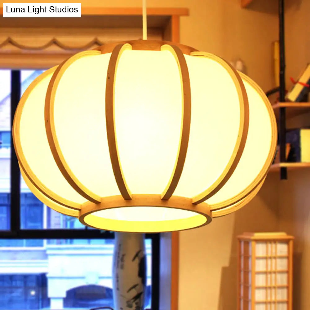 Japanese Style Wood Pumpkin Ceiling Light - Beige Suspended Fixture For Bedroom