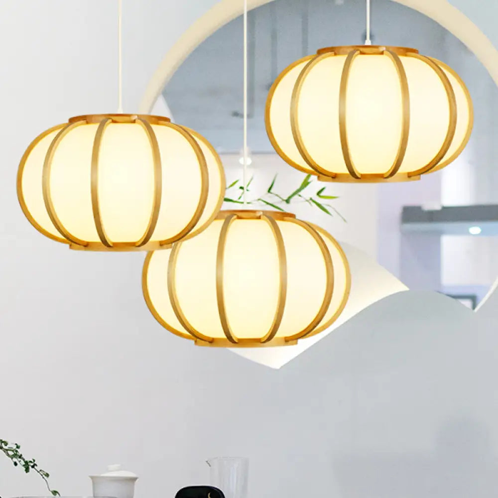 Japanese Style Wood Pumpkin Ceiling Light - Beige Suspended Fixture For Bedroom