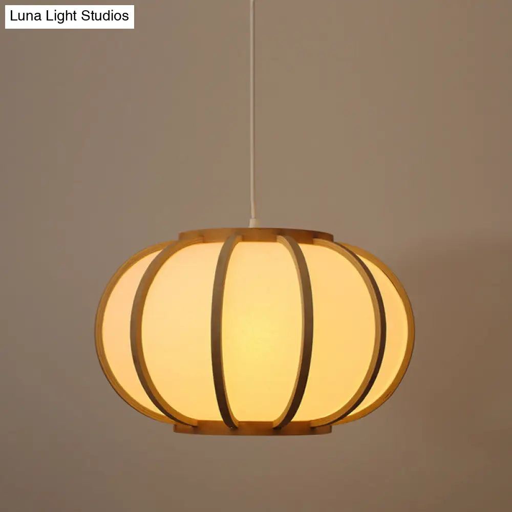 Japanese Style Wood Pumpkin Ceiling Light - Beige Suspended Fixture For Bedroom