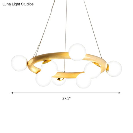 Japanese Style Wood Ring Pendant Light With Bubble Shade In Beige - Perfect For Study Room