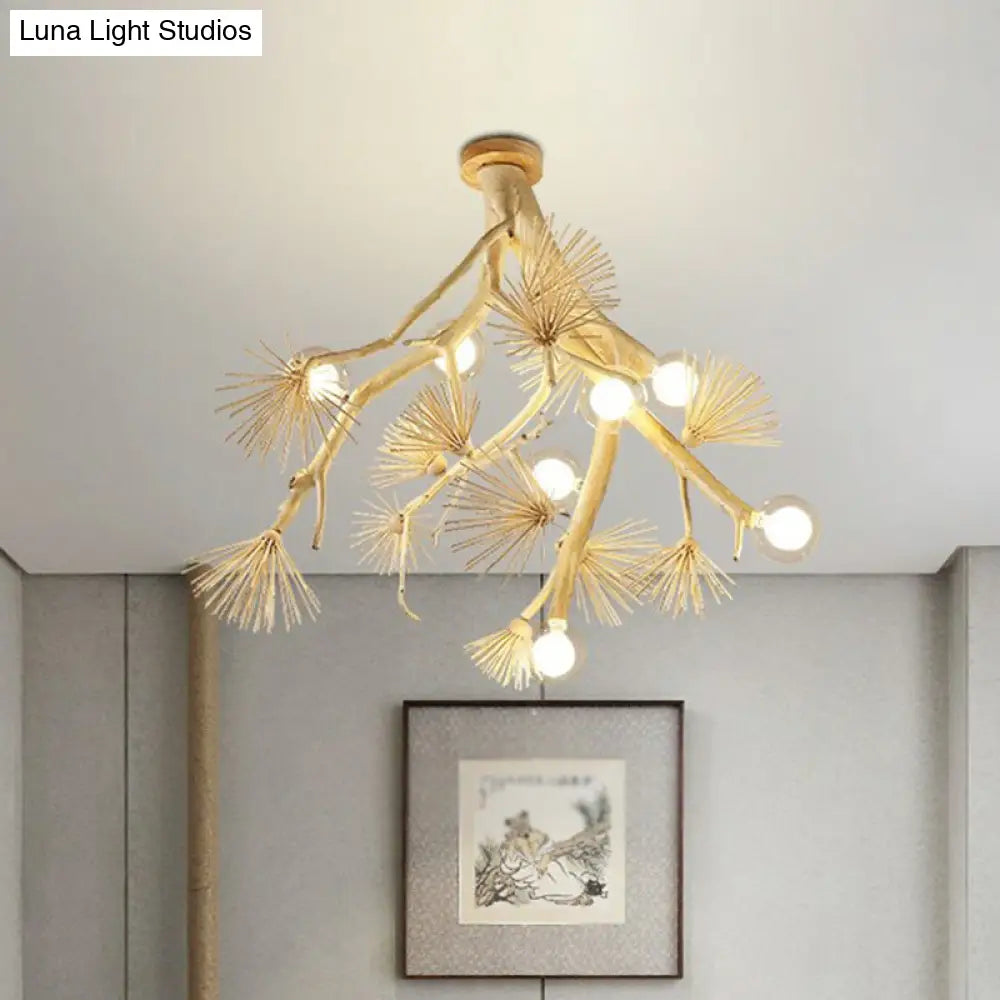 Japanese - Style Wood Tree Branch Ceiling Light: 8 - Bulb Metal Semi Flush Mount For Dining Room