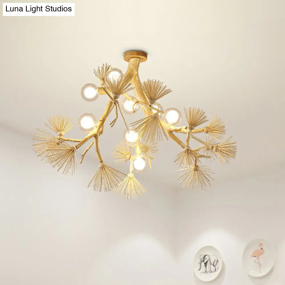 Japanese-Style Wood Tree Branch Ceiling Light: 8-Bulb Metal Semi Flush Mount For Dining Room