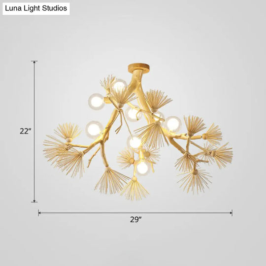 Japanese-Style Wood Tree Branch Ceiling Light: 8-Bulb Metal Semi Flush Mount For Dining Room