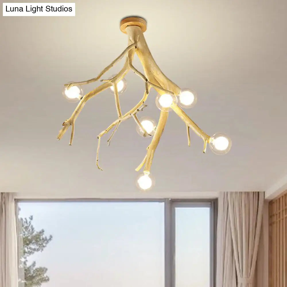 Japanese - Style Wood Tree Branch Ceiling Light: 8 - Bulb Metal Semi Flush Mount For Dining Room