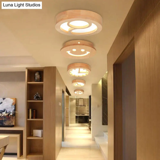 Japanese Style Wooden Led Flush Ceiling Light In Beige For Hallway Porch