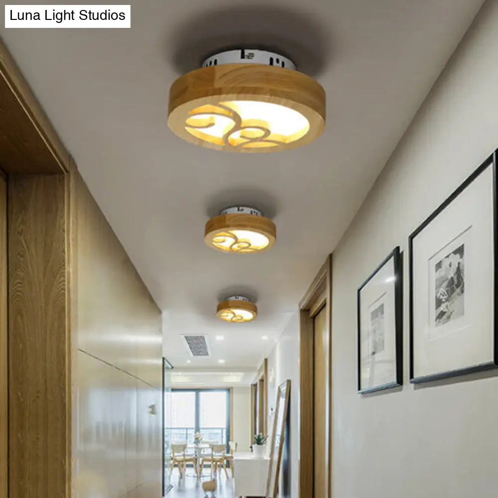 Japanese Style Wooden Led Flush Ceiling Light In Beige For Hallway Porch