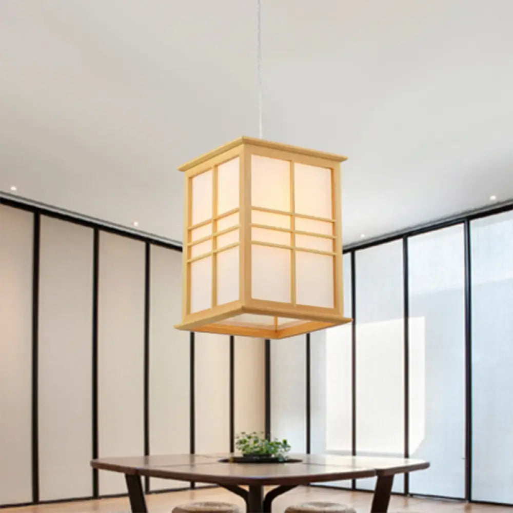 Japanese Style Wooden Pendant Light - Rectangle Sushi House Lamp In Beige Wood