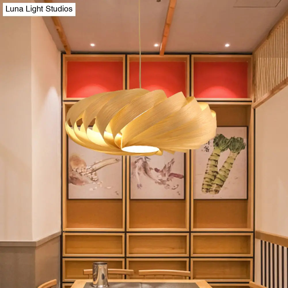 Japanese Swirl Wood Pendant Lighting - 1 Head Beige Ceiling Suspension Lamp For Restaurants