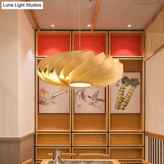 Japanese Swirl Wood Pendant Lighting - 1 Head Beige Ceiling Suspension Lamp For Restaurants