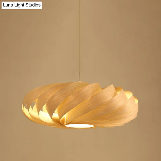 Japanese Swirl Wood Pendant Lighting - 1 Head Beige Ceiling Suspension Lamp For Restaurants