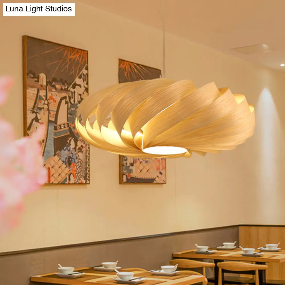 Japanese Swirl Wood Pendant Lighting - 1 Head Beige Ceiling Suspension Lamp For Restaurants