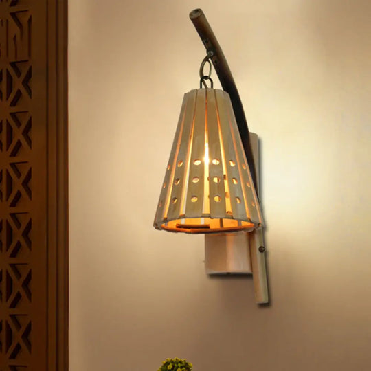 Japanese Tapered Wood Sconce - Beige Wall Mounted Light Fixture For Restaurants