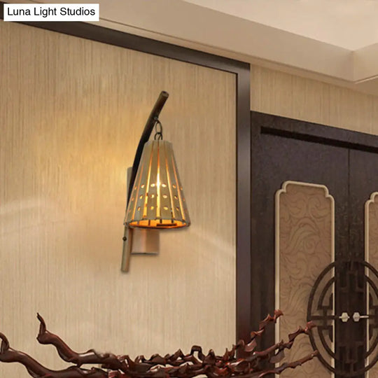 Japanese Tapered Wood Sconce - Beige Wall Mounted Light Fixture For Restaurants