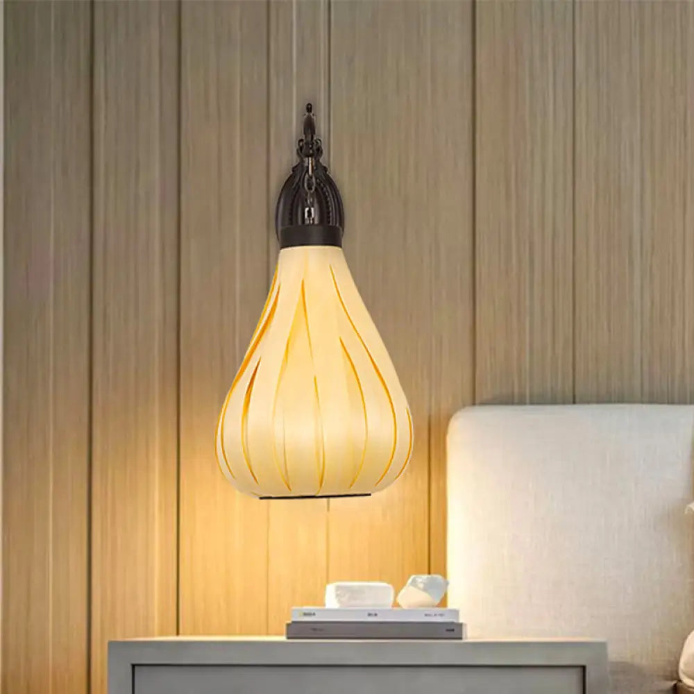 Japanese Teardrop Wall Sconce Light In Beige With Wood Shade - 1 Bulb Mounted Lighting