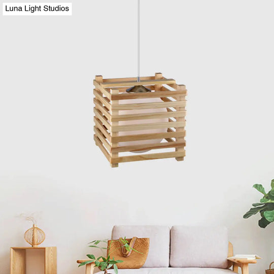 Japanese White Glass Pendant Light With Wood Cubic Cage - Ideal For Dining Room Hanging Lamp Kit