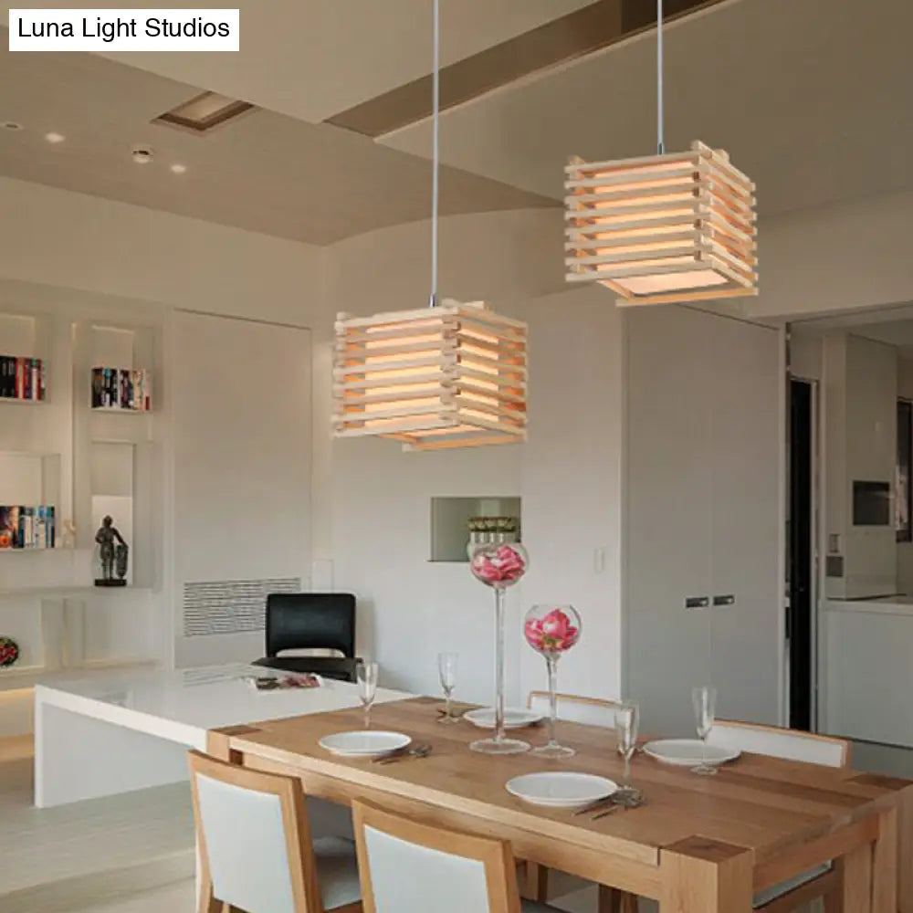 Japanese White Glass Pendant Light With Wood Cubic Cage - Ideal For Dining Room Hanging Lamp Kit