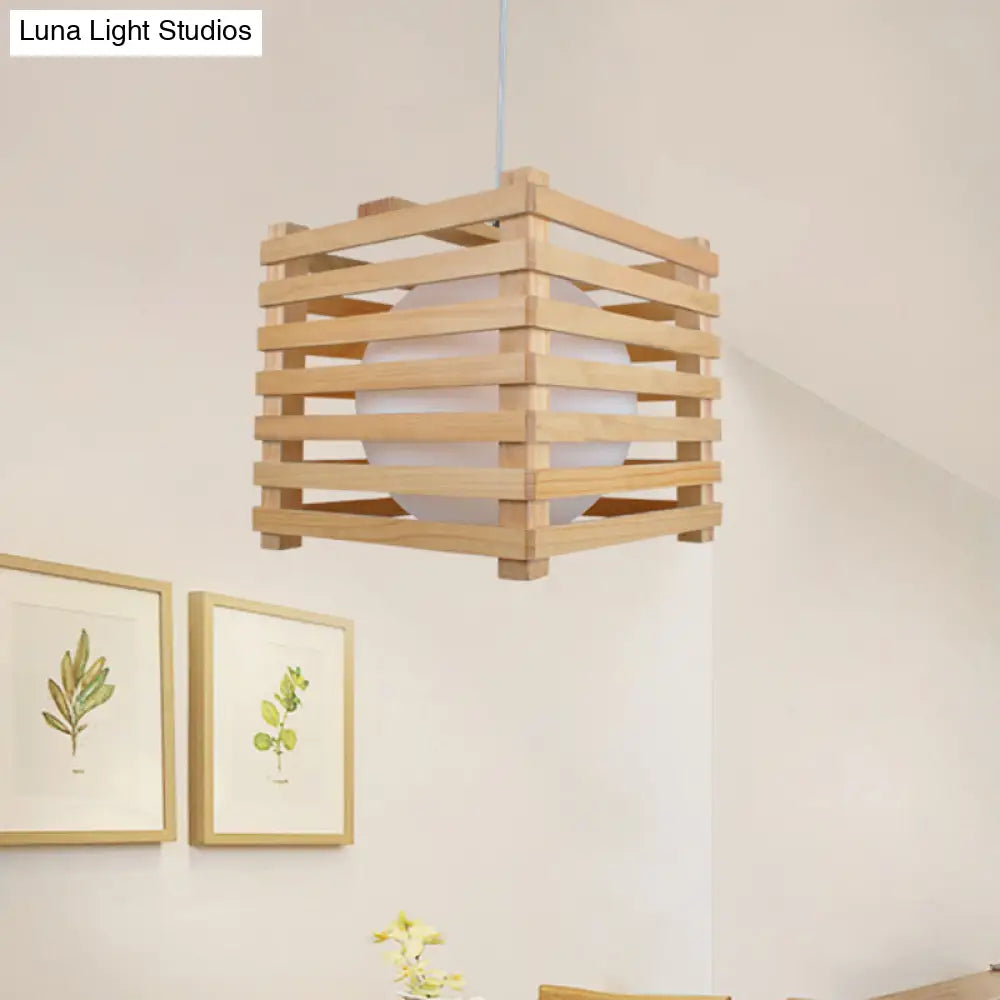 Japanese White Glass Pendant Light With Wood Cubic Cage - Ideal For Dining Room Hanging Lamp Kit