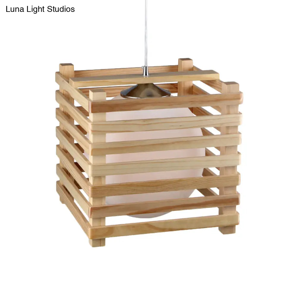 Japanese White Glass Pendant Light With Wood Cubic Cage - Ideal For Dining Room Hanging Lamp Kit