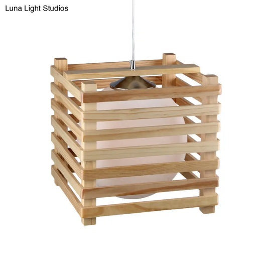 Japanese White Glass Pendant Light With Wood Cubic Cage - Ideal For Dining Room Hanging Lamp Kit