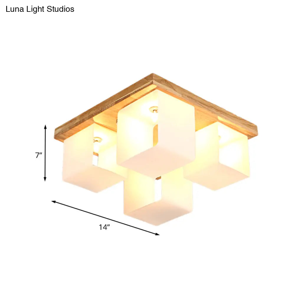 Japanese White Glass Wood Led Flush Ceiling Cube Frame Fixture - 4-Head Mount Lighting