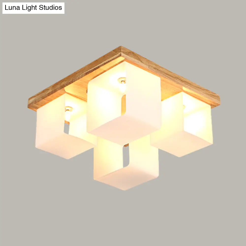Japanese White Glass Wood Led Flush Ceiling Cube Frame Fixture - 4-Head Mount Lighting