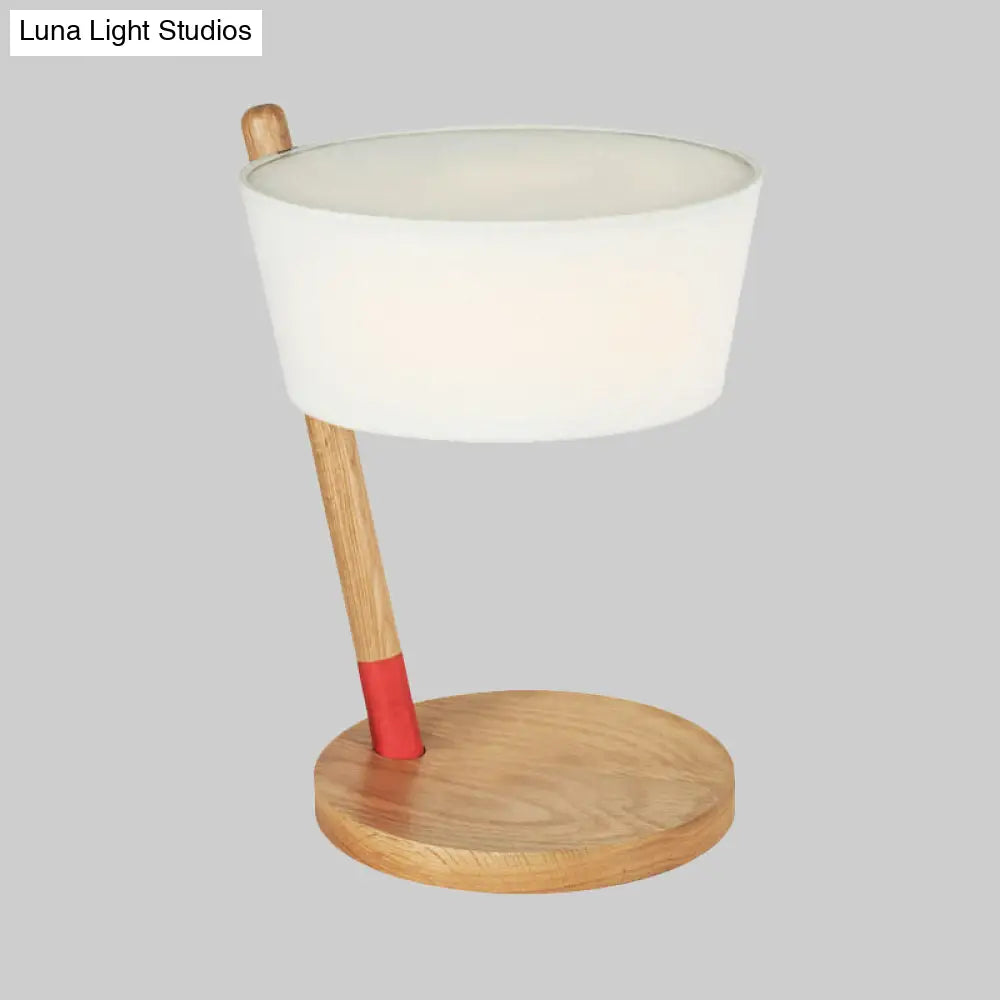 Japanese White Shaded Desk Lamp With Fabric Shade And Circle Beige Wood Base