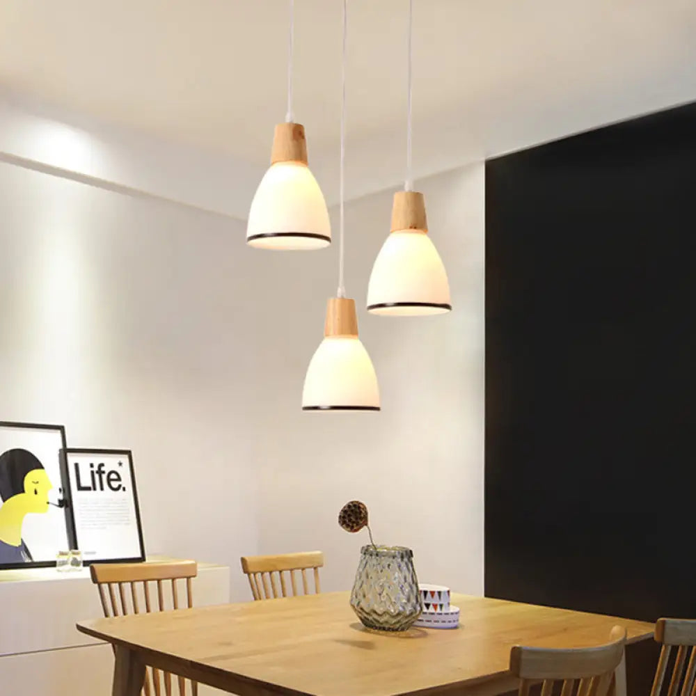 Japanese Wood Bell 3-Head Pendant Lamp With White Glass Suspension - Perfect For Over Table Lighting