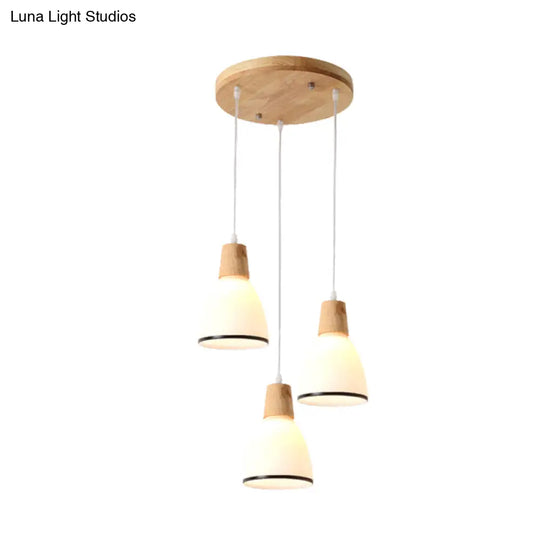 Japanese Wood Bell 3-Head Pendant Lamp With White Glass Suspension - Perfect For Over Table Lighting