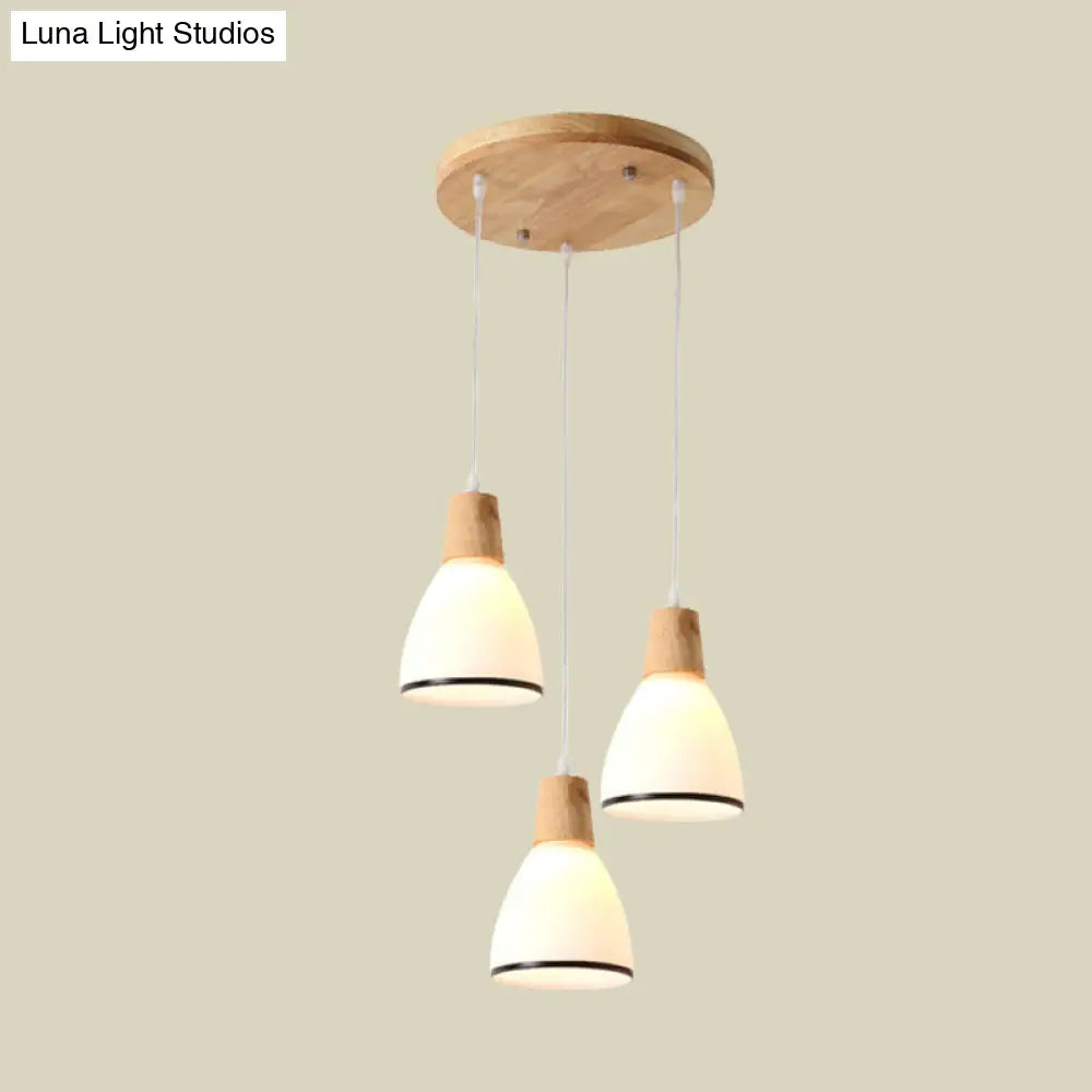 Japanese Style Wooden Bell Pendant Lamp With 3 White Glass Lights - Ceiling Suspension For Table