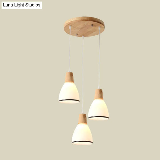 Japanese Style Wooden Bell Pendant Lamp With 3 White Glass Lights - Ceiling Suspension For Table