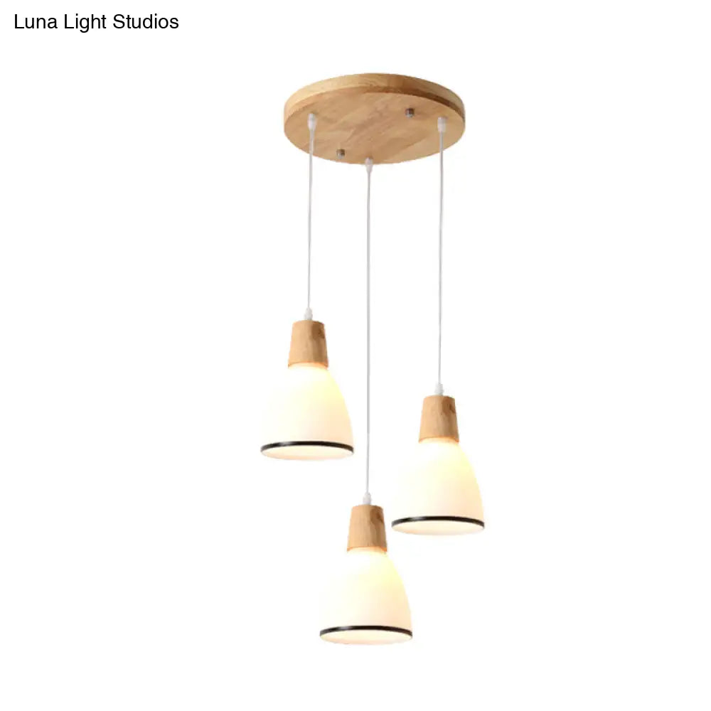 Japanese Style Wooden Bell Pendant Lamp With 3 White Glass Lights - Ceiling Suspension For Table