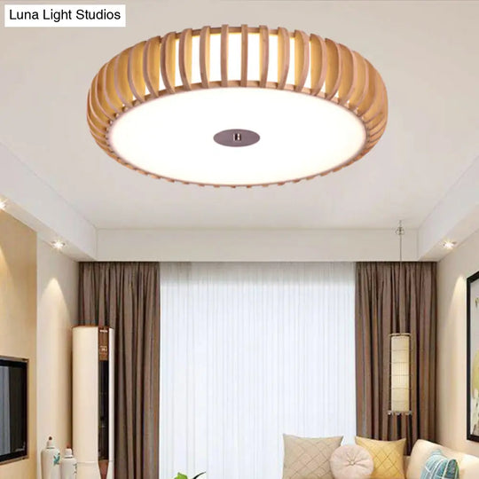 Japanese Wood Ceiling Lamp - Beige Round Flush Mount 3 Heads For Living Room