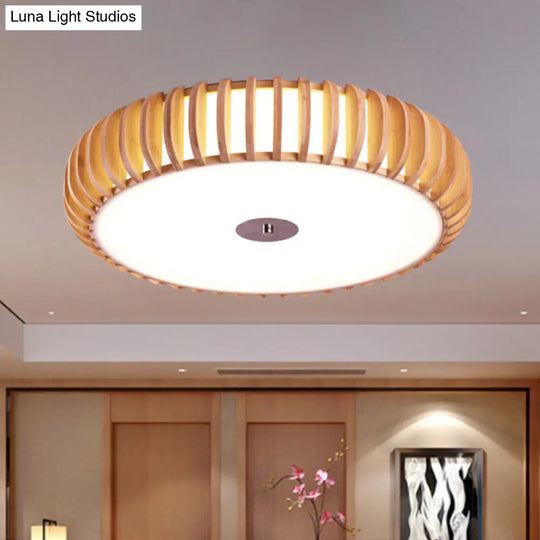 Japanese Wood Ceiling Lamp - Beige Round Flush Mount 3 Heads For Living Room