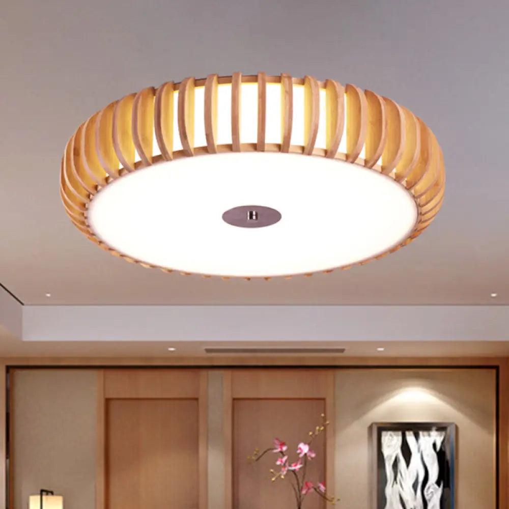 Japanese Wood Ceiling Lamp - Beige Round Flush Mount 3 Heads For Living Room
