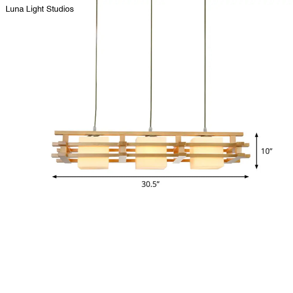 Japanese Wood Ceiling Pendant With Blown Glass: Cube Restaurant Island Light Fixture - 3 Bulbs