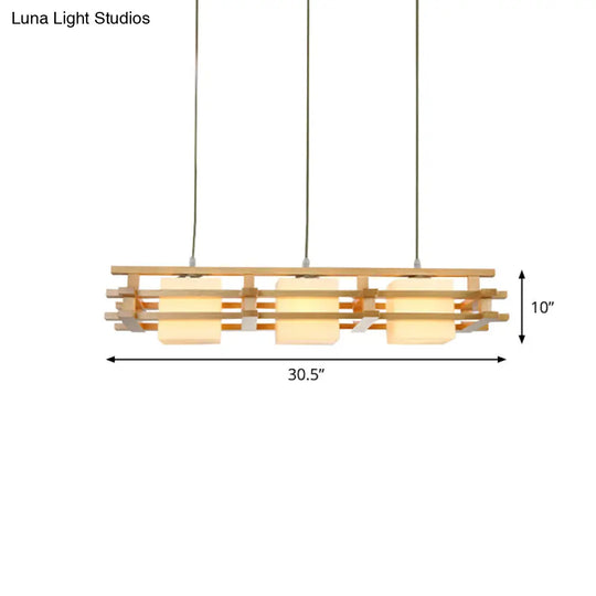 Japanese Wood Ceiling Pendant With Blown Glass: Cube Restaurant Island Light Fixture - 3 Bulbs