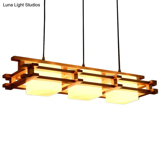 Japanese Wood Ceiling Pendant With Blown Glass: Cube Restaurant Island Light Fixture - 3 Bulbs