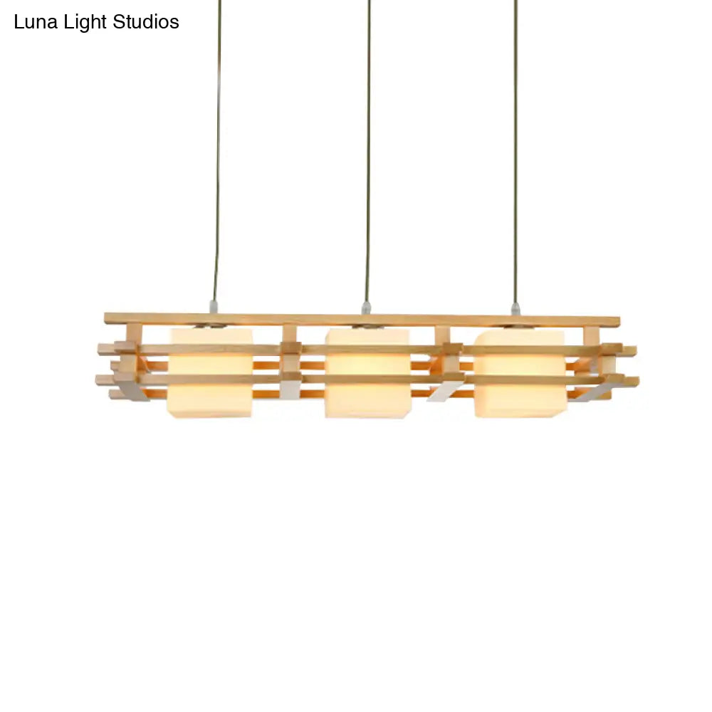 Japanese Wood Ceiling Pendant With Blown Glass: Cube Restaurant Island Light Fixture - 3 Bulbs