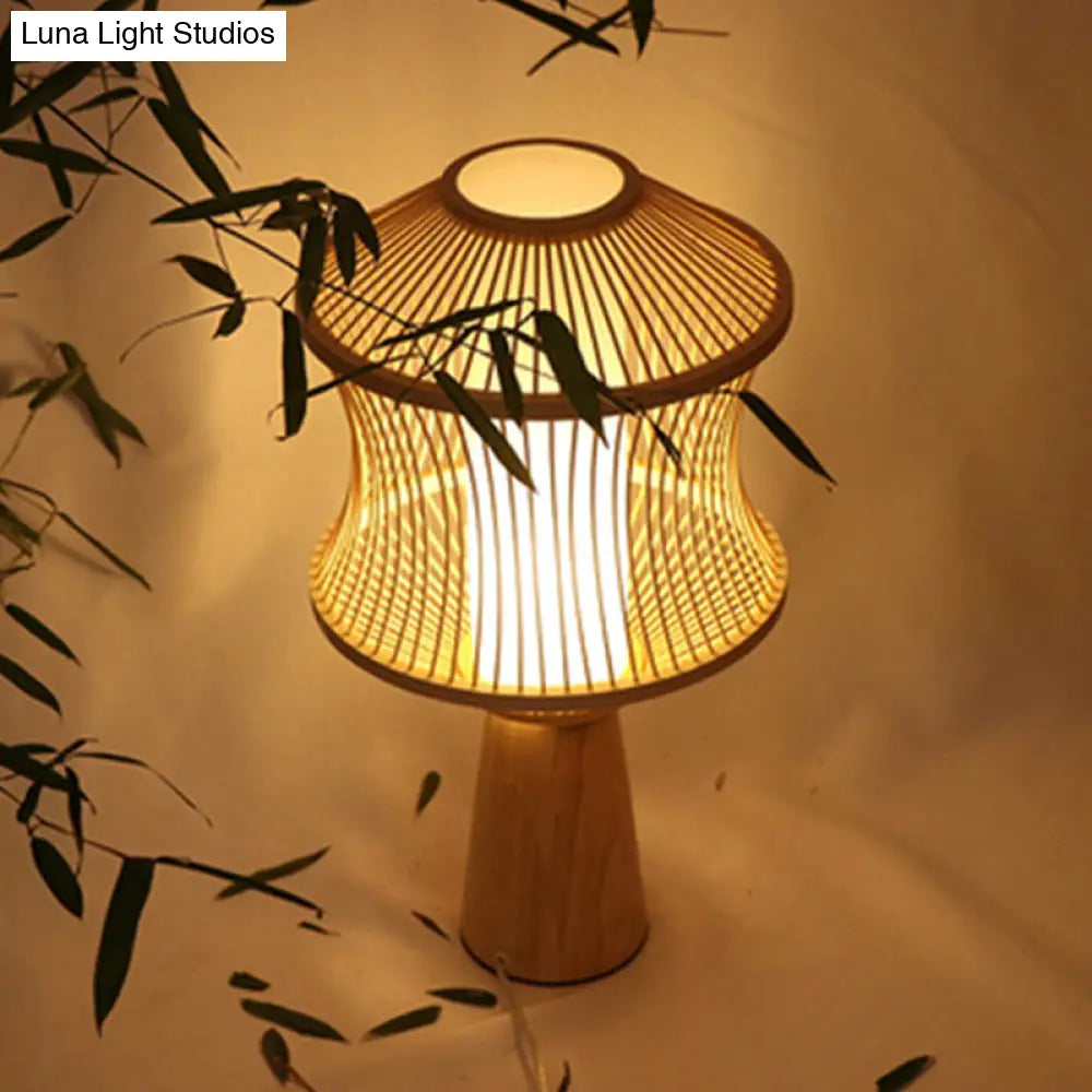 Japanese Wood Conical Task Lamp With Bamboo Shade - Beige Desk Light