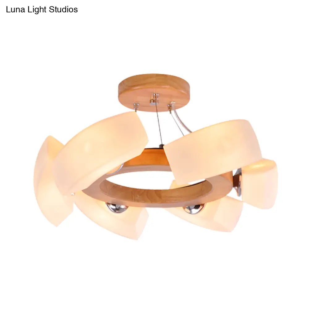 Japanese Wood Curved Chandelier Pendant Light - 6 Lights White Glass Ring Ceiling Lamp